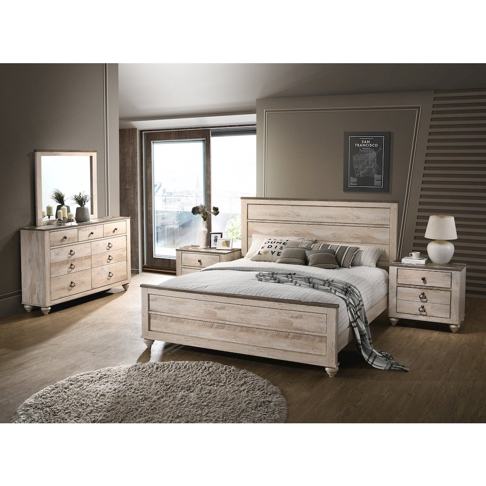 White Wash Finish 5-Piece Bedroom Set-Queen Bed, Dresser, Mirror, 2 Nightstands. Picture 2