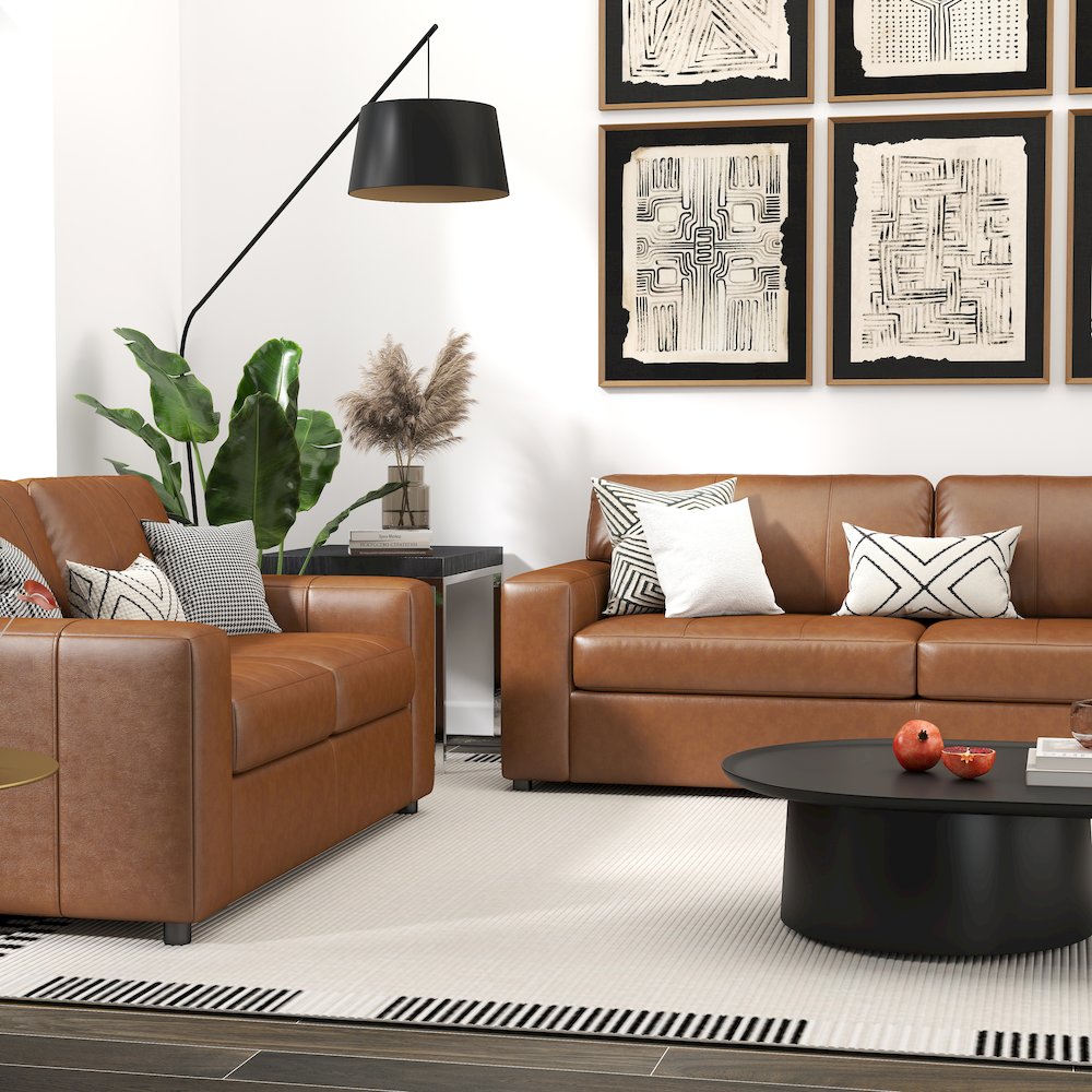 Sakan Leather 2-Pc Living Room Set, Sofa and Loveseat, Caramel. Picture 4