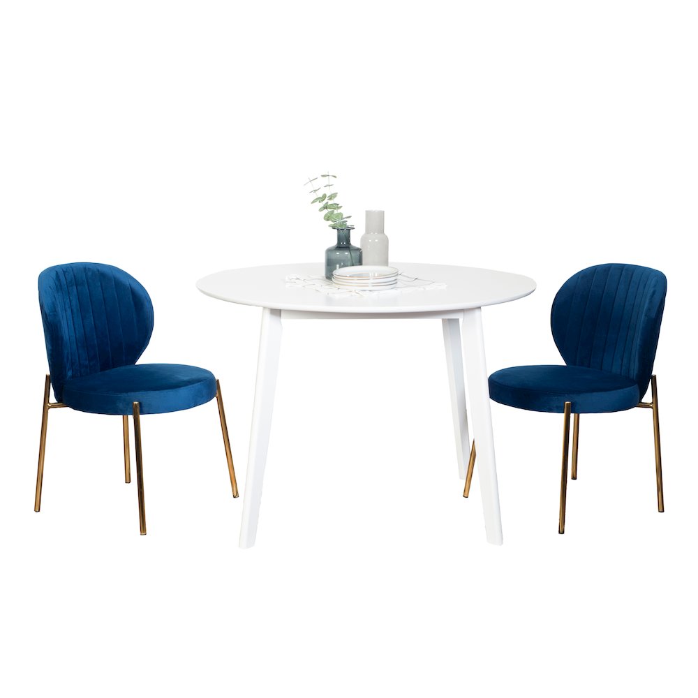 Amoa Contemporary 3-Pc Dining Set, White Round Dining Table and 2 Chairs, Blue. Picture 1
