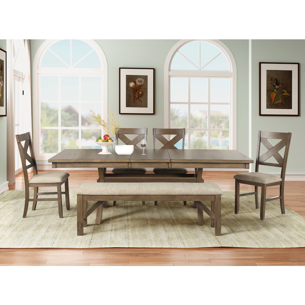 Raven Wood 6-PC Dining Set, Extendable Table, 4 Chairs, Bench, Glazed Pine Brown. Picture 2