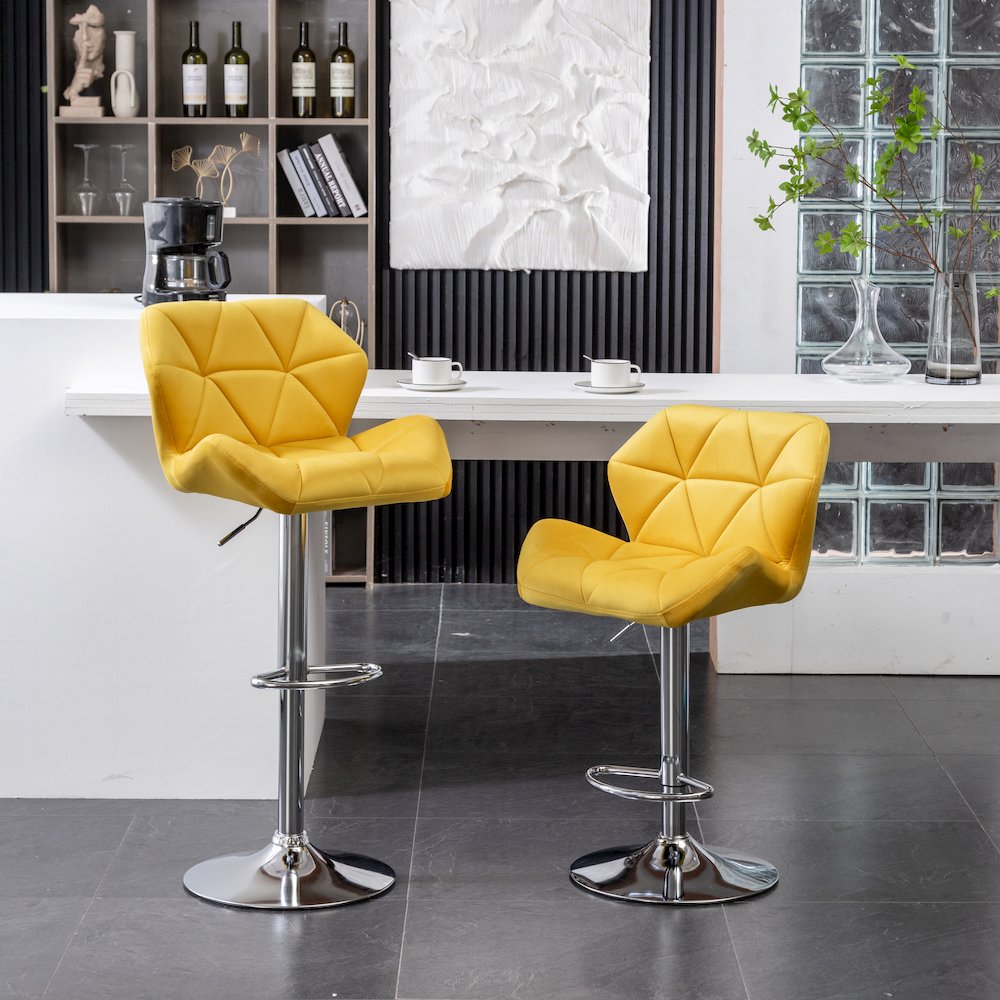 Breni Velvet Diamond Tufted Swivel Adjustable Height Barstool, Set of 2, Yellow. Picture 3