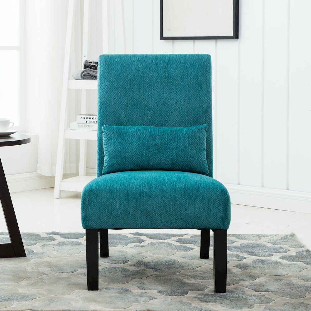 Pisano Teal Blue Fabric Armless Accent Chair with Matching Kidney Pillow. Picture 3