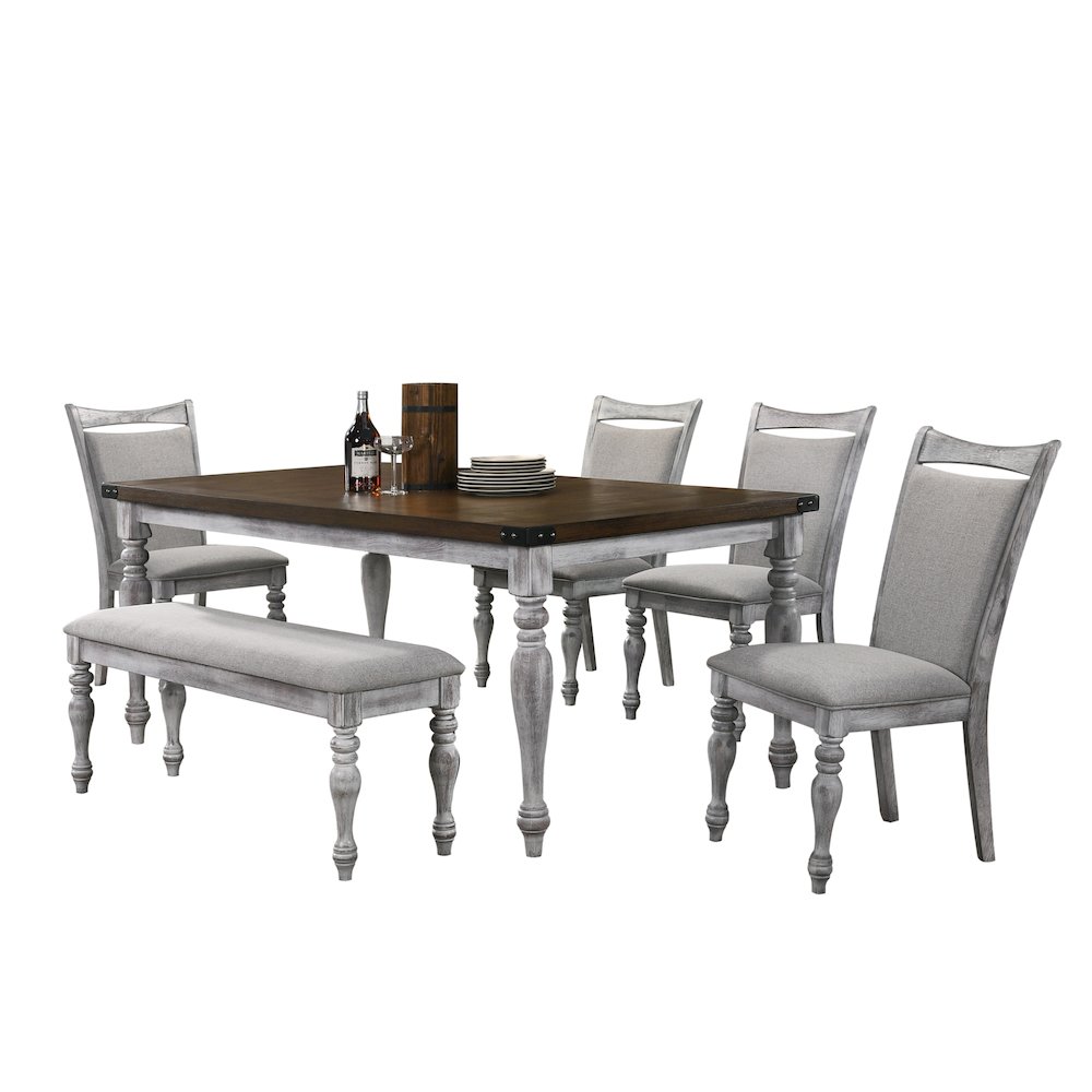 6 Piece Dining Table Set, 4 Upholstered Chairs, 1 Bench, Rustic White and Oak. Picture 15