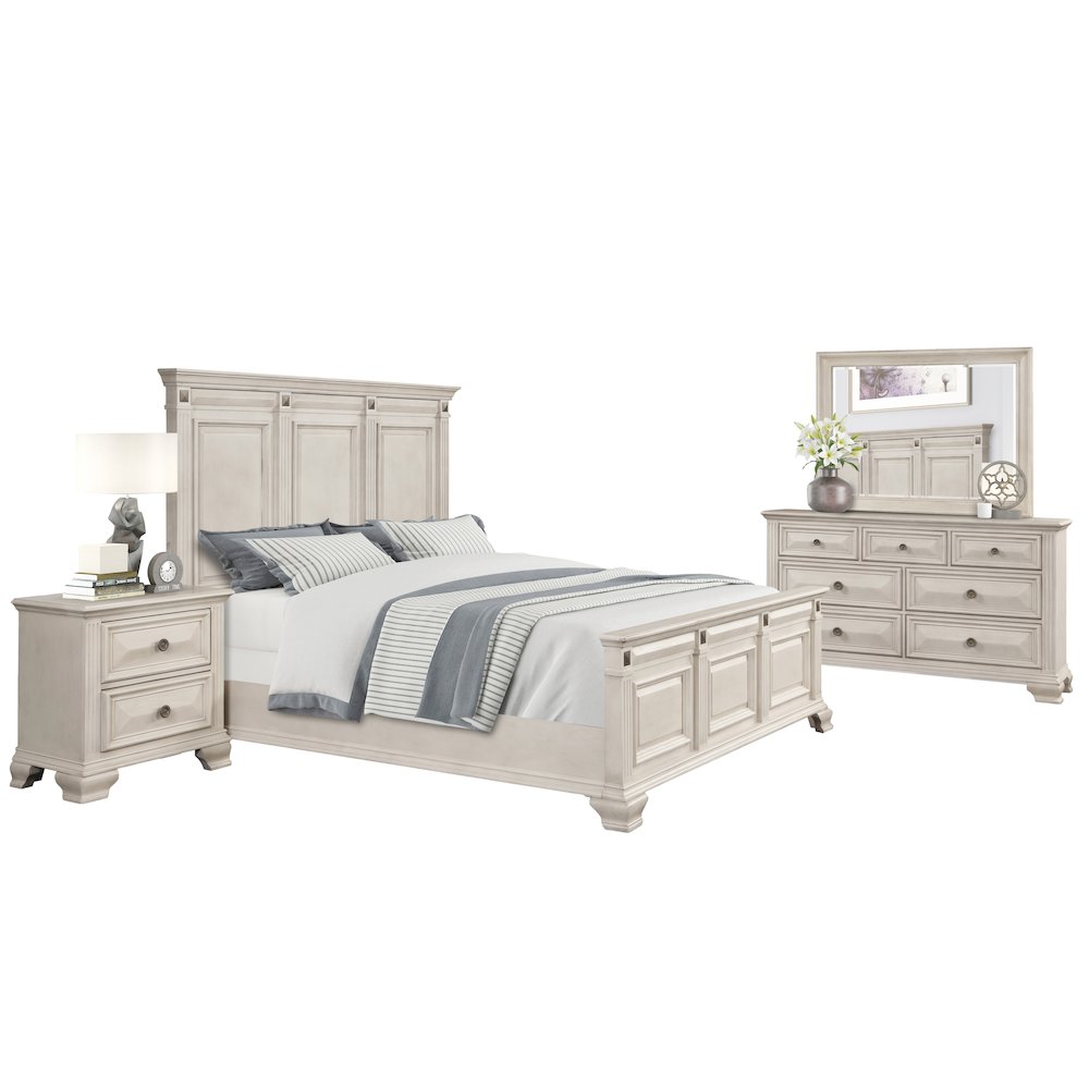 Distressed Parchment Wood Bedroom Set, King Bed, Dresser, Mirror, Nightstand. Picture 1