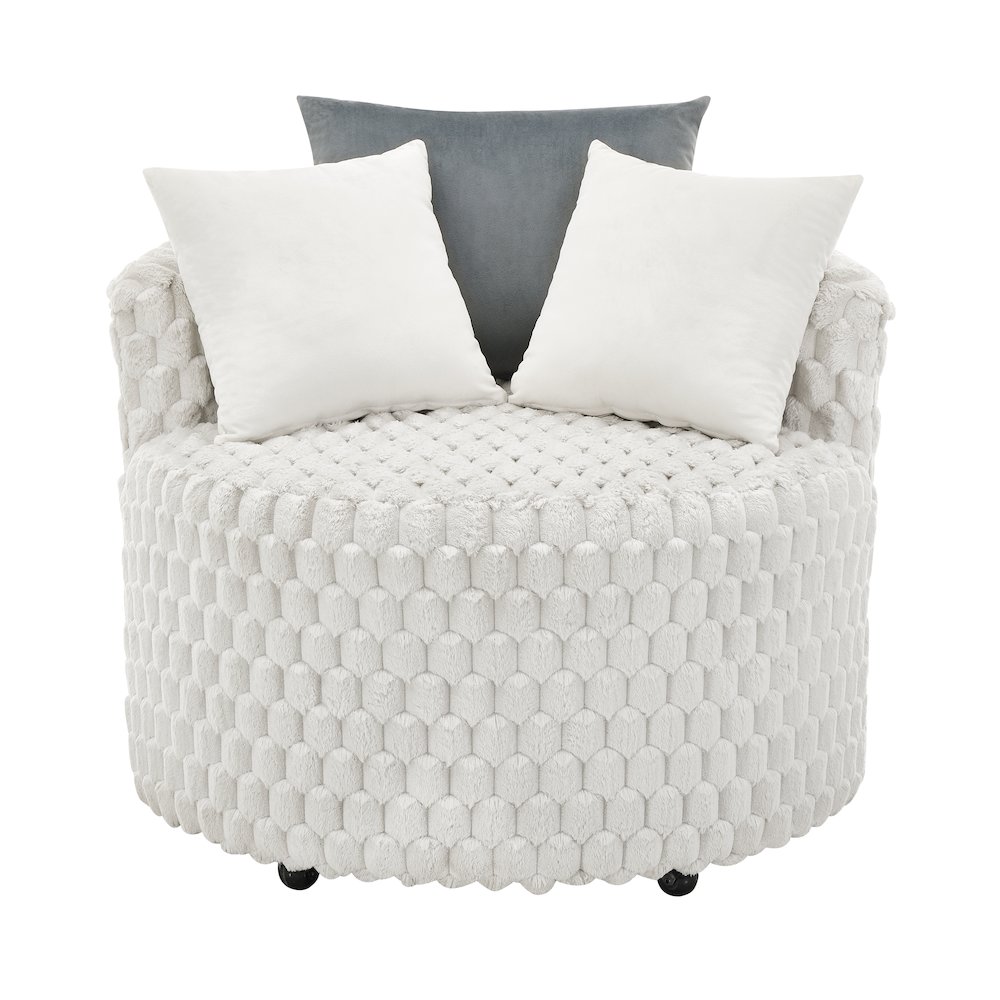 Malna Plush 3D Upholstered Barrel Accent Chair with Wheels, Off-white. Picture 6