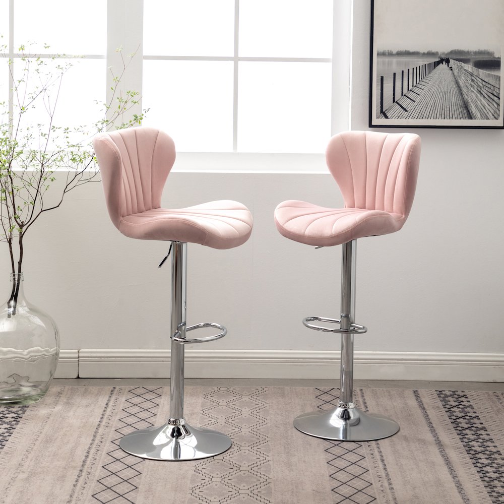 Ellston Upholstered Adjustable Swivel Barstools in Pink, Set of 2. Picture 3