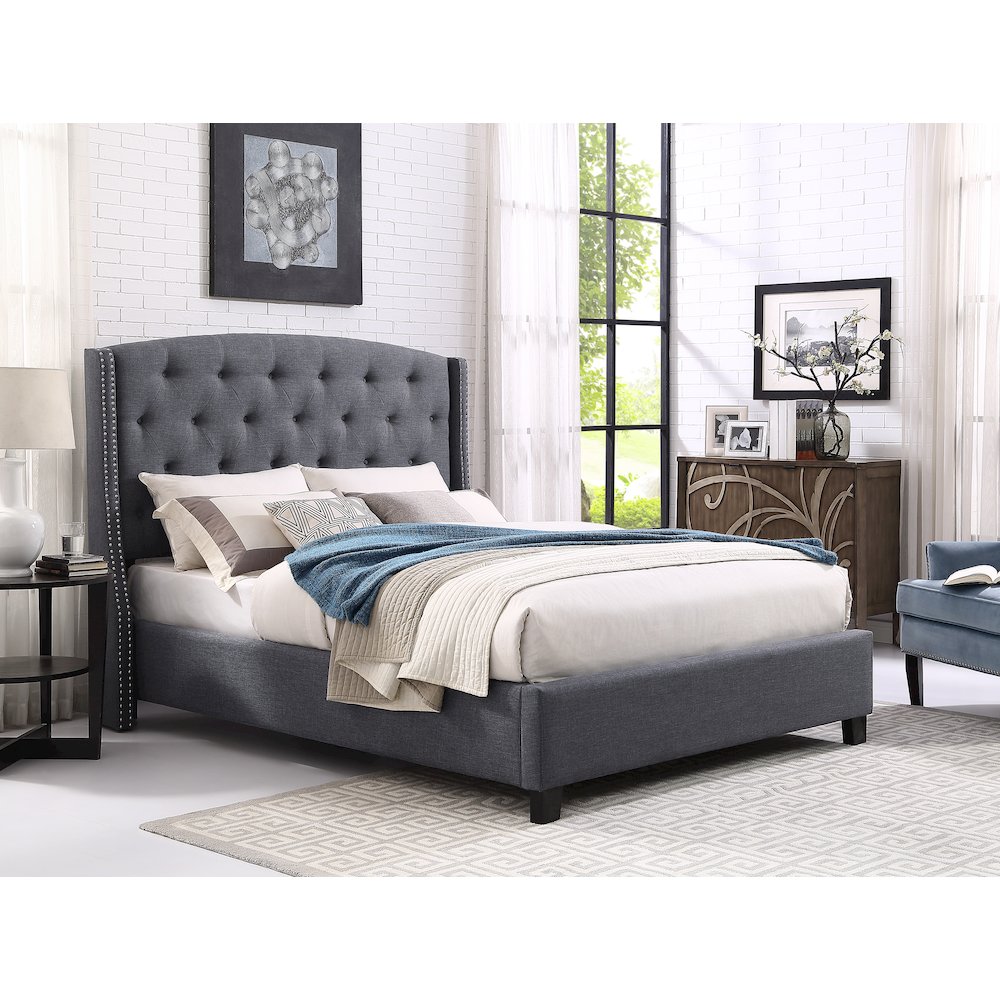 Nantarre Fabric Button Tufted Wingback Queen Bed with Nail Head Trim, Gray. Picture 3