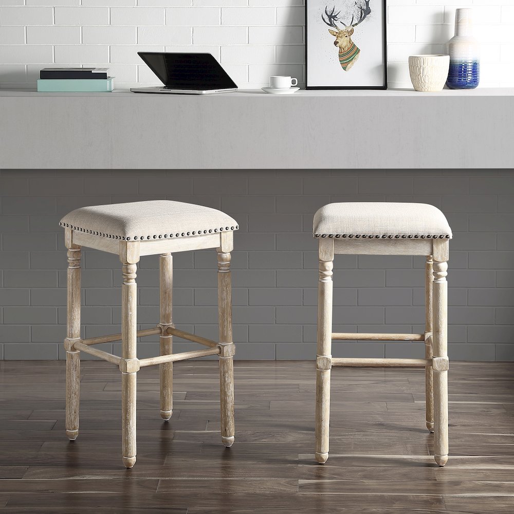 Arnhem Wood Tan Upholstered Bar Stools, Set of 2. Picture 2