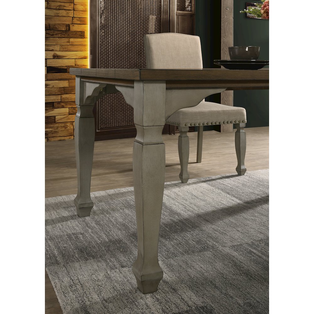 Breda Antique Gray and Dark Oak Finished Wood Dining Set, Table, Bench, Chairs. Picture 5