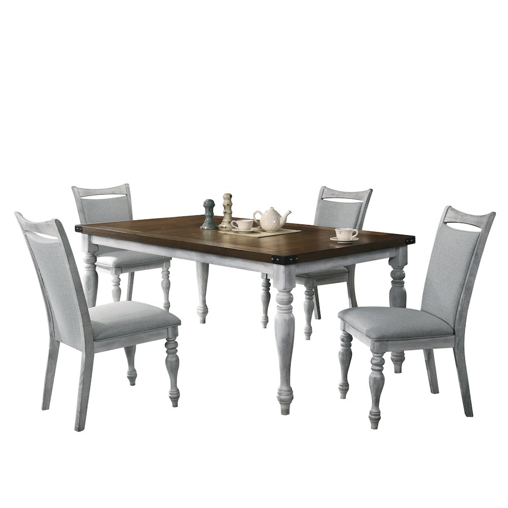 Salines 5 Piece Dining Table Set with 4 Upholstered Chairs, Rustic White and Oak. Picture 1