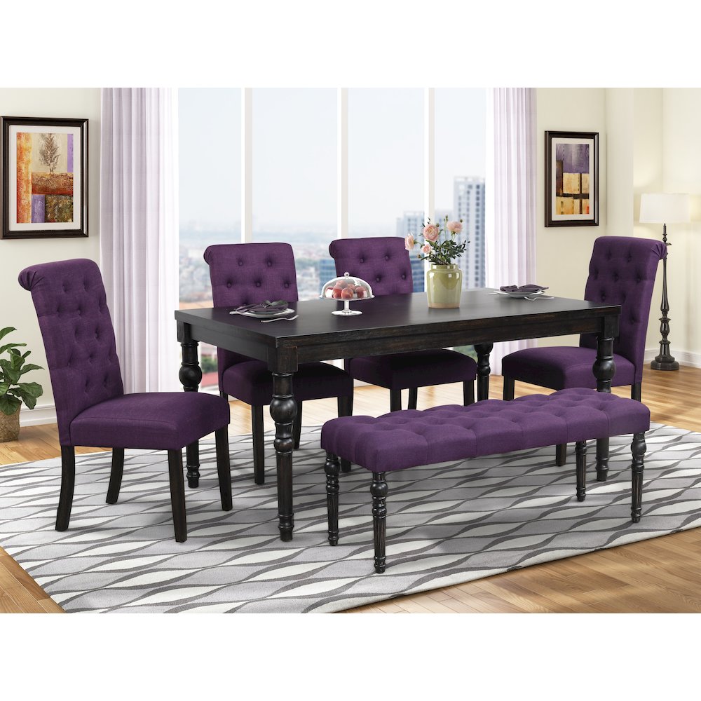 Leviton Urban Style Dark Wash Wood Dining Set Table, 4 Chairs and Bench, Purple. Picture 2
