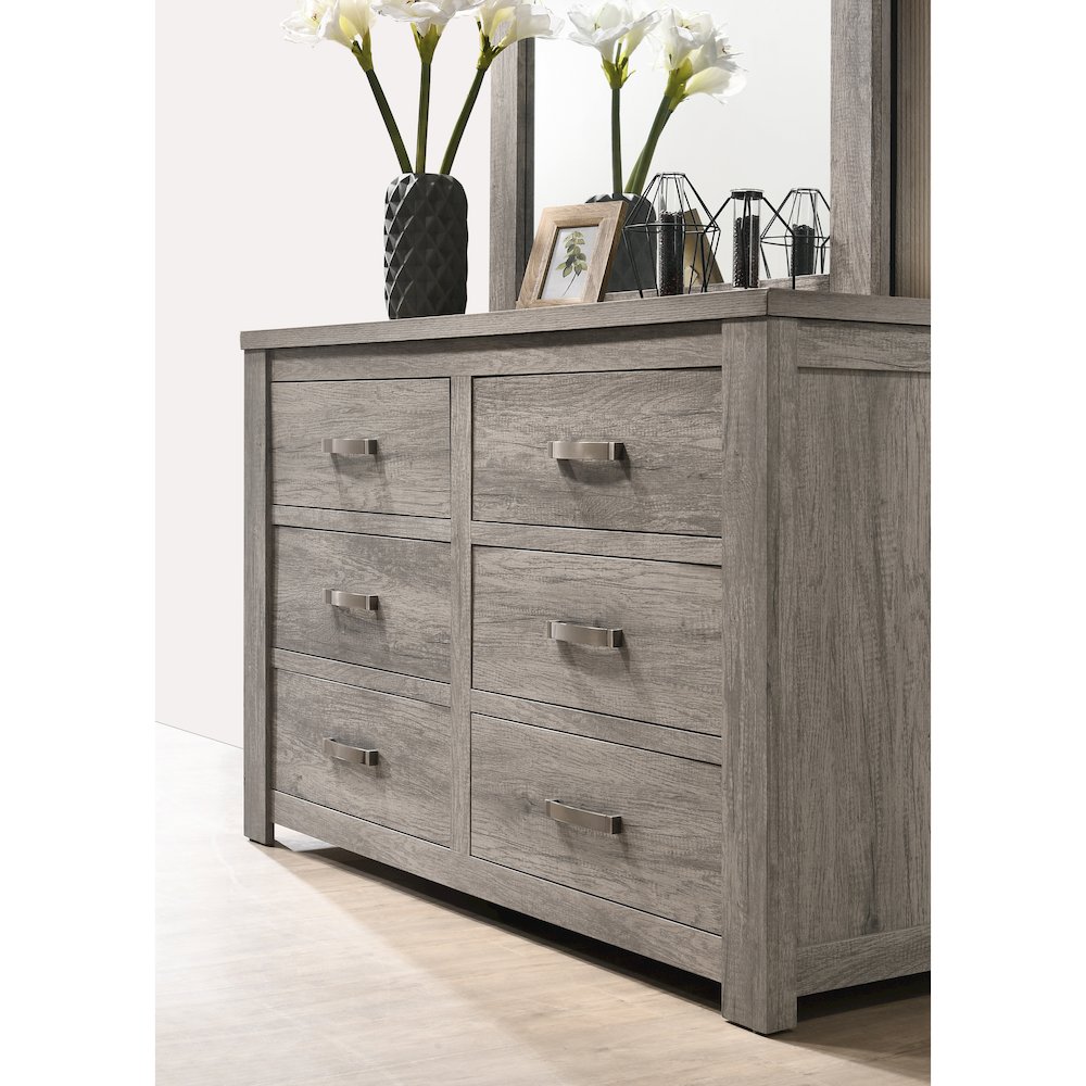 Weathered Gray Wood Bedroom Set, King Panel Bed, Dresser, Mirror, 2 Nightstands. Picture 7