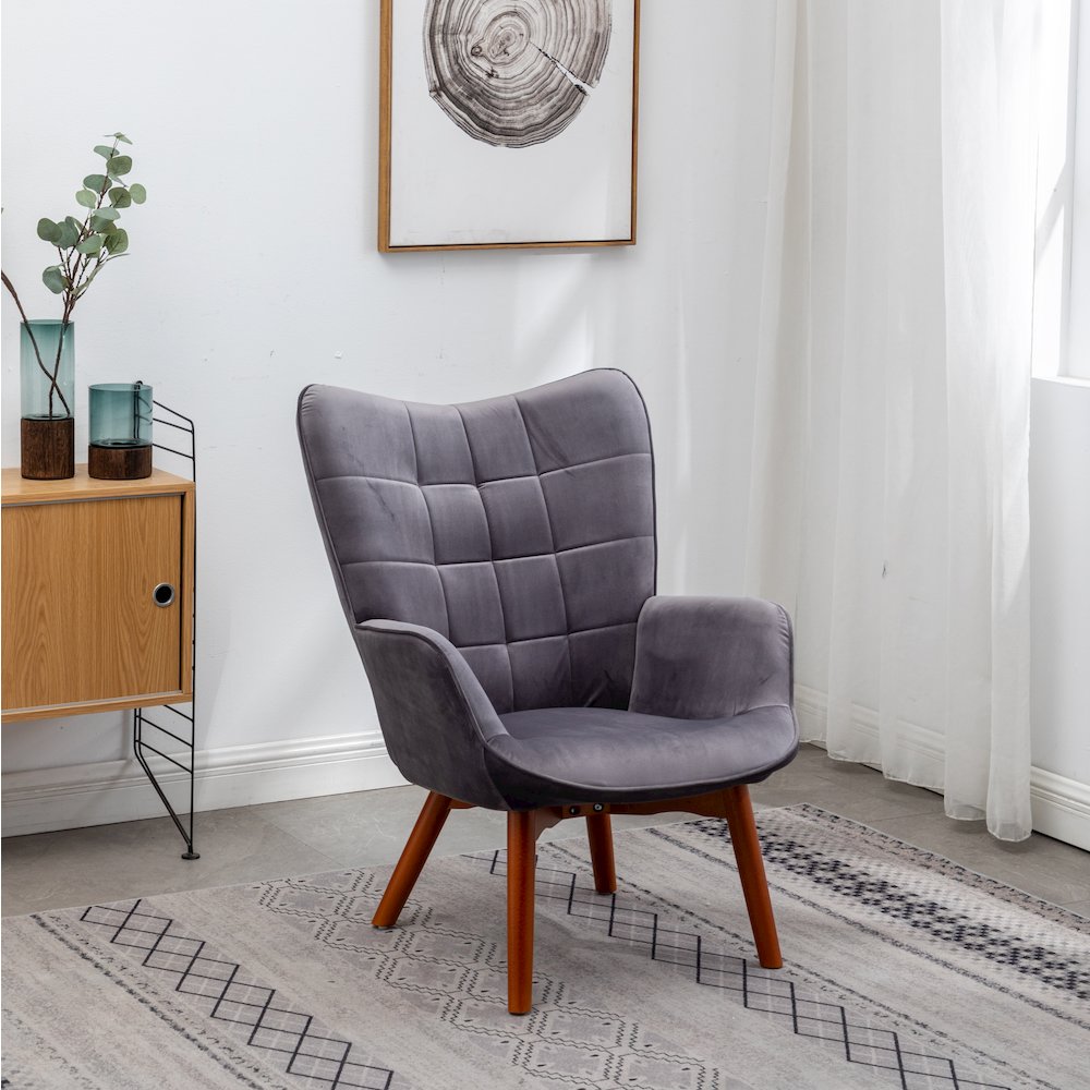 Leiria Contemporary Silky Velvet Tufted Accent Chair with Ottoman, Gray. Picture 4