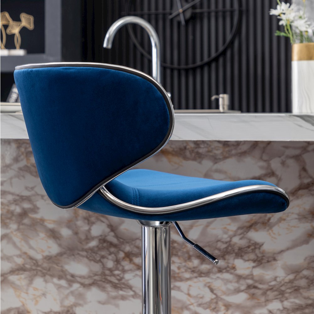 Masaccio Velvet Upholstered Adjustable Swivel Barstool, Set of 2, Blue. Picture 14
