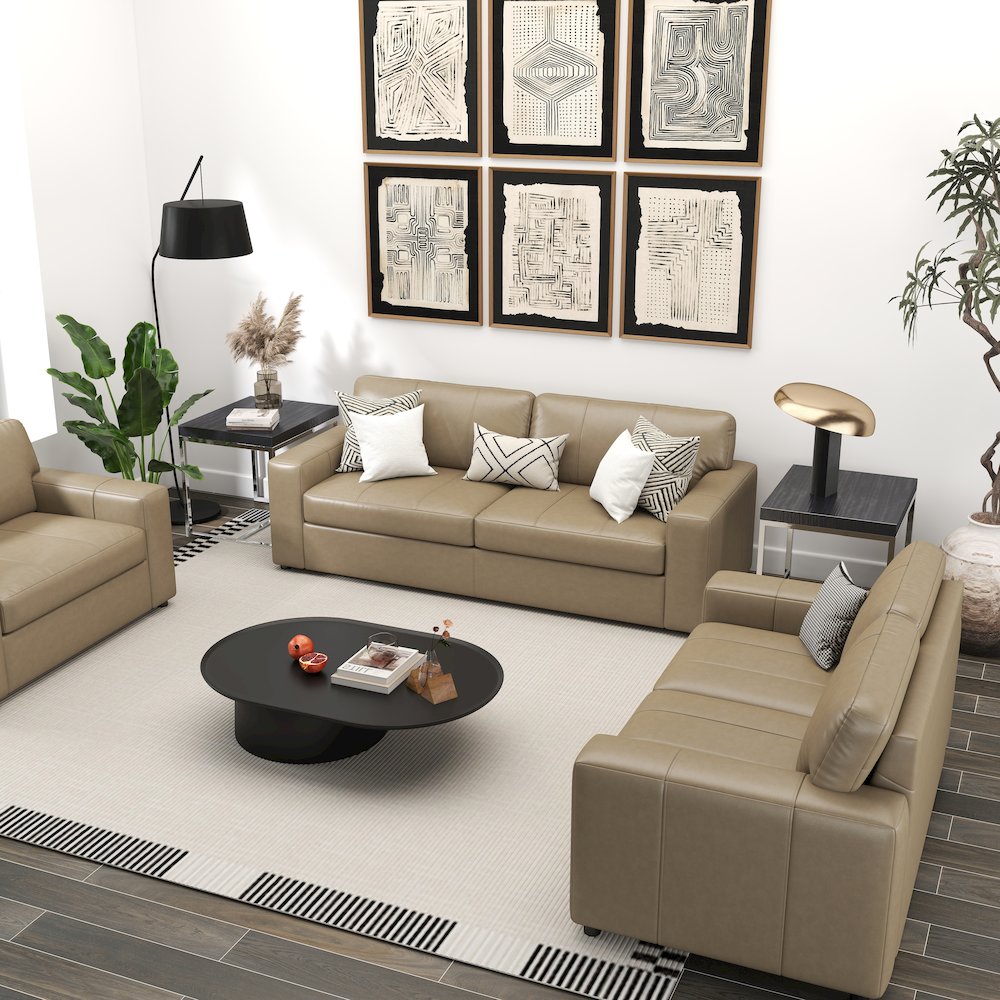Sakan Leather 3-Pc Living Room Set, Sofa Loveseat and Chair, Beige. Picture 5