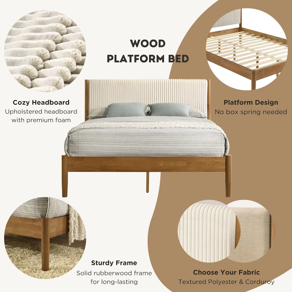 Vichy Rubberwood Bedroom Set with CorduroyUpholstered Queen Bed and 2Nightstands. Picture 5