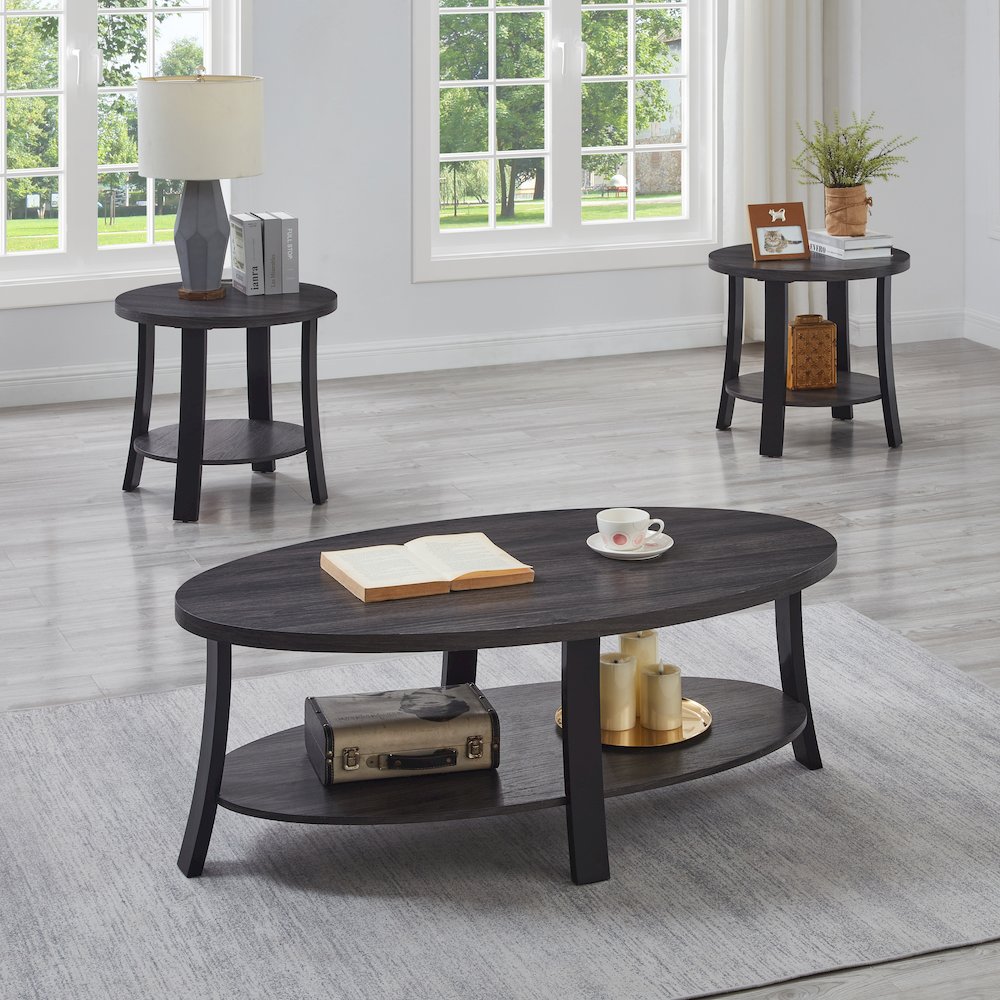 Anze Contemporary Oval Wood Shelf 3-Pc Coffee Table Set in Charcoal Finish. Picture 2