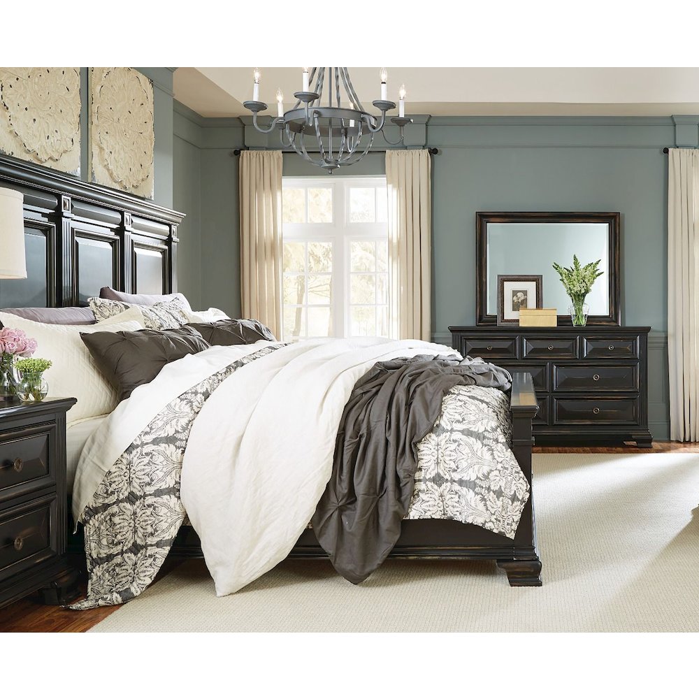 Vintage Black Wood Bedroom Set, King Panel Bed, Dresser, Mirror, 2 Nightstands. Picture 3