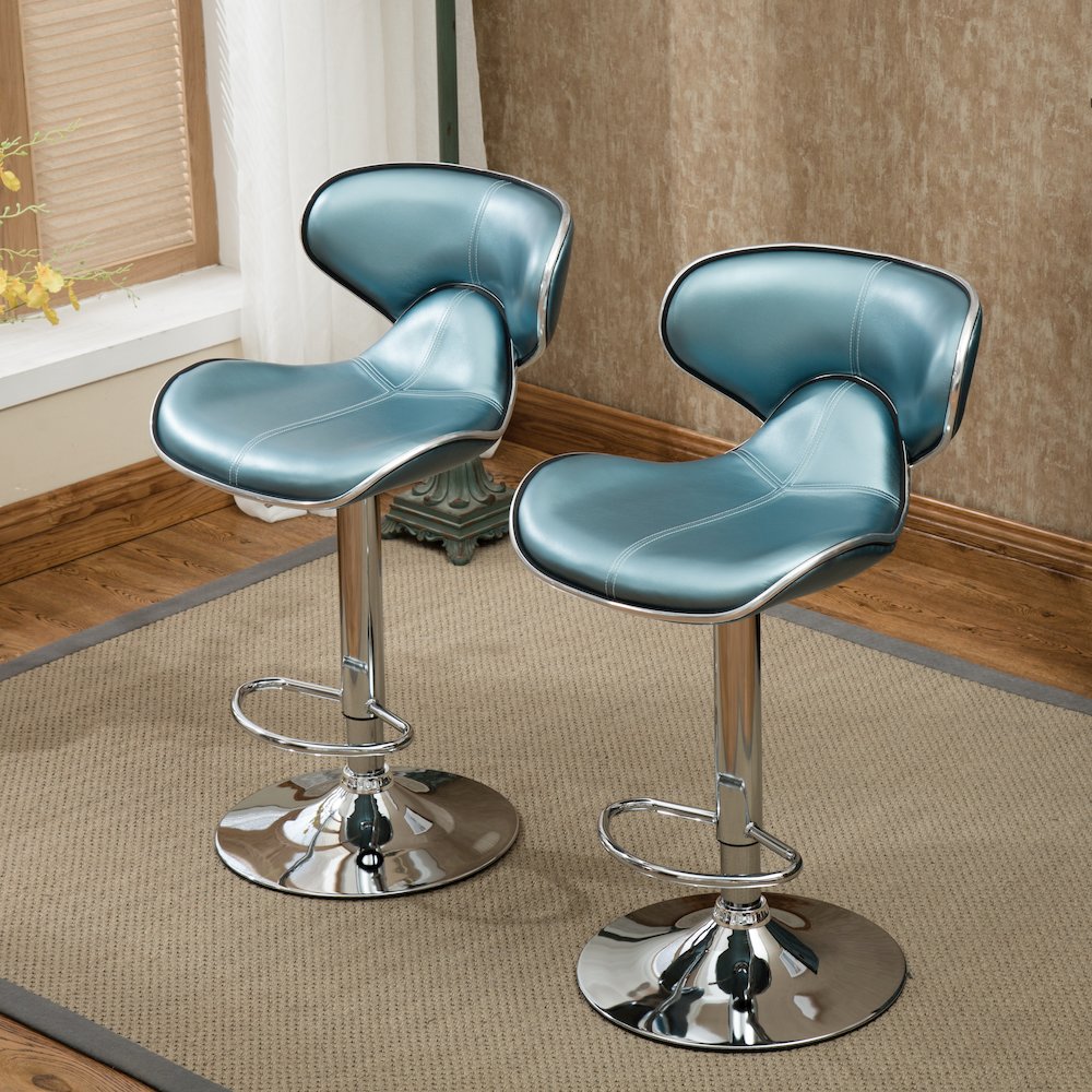 Masaccio Blue Leatherette Adjustable Swivel Barstool Chrome Base, Set of 2. Picture 6