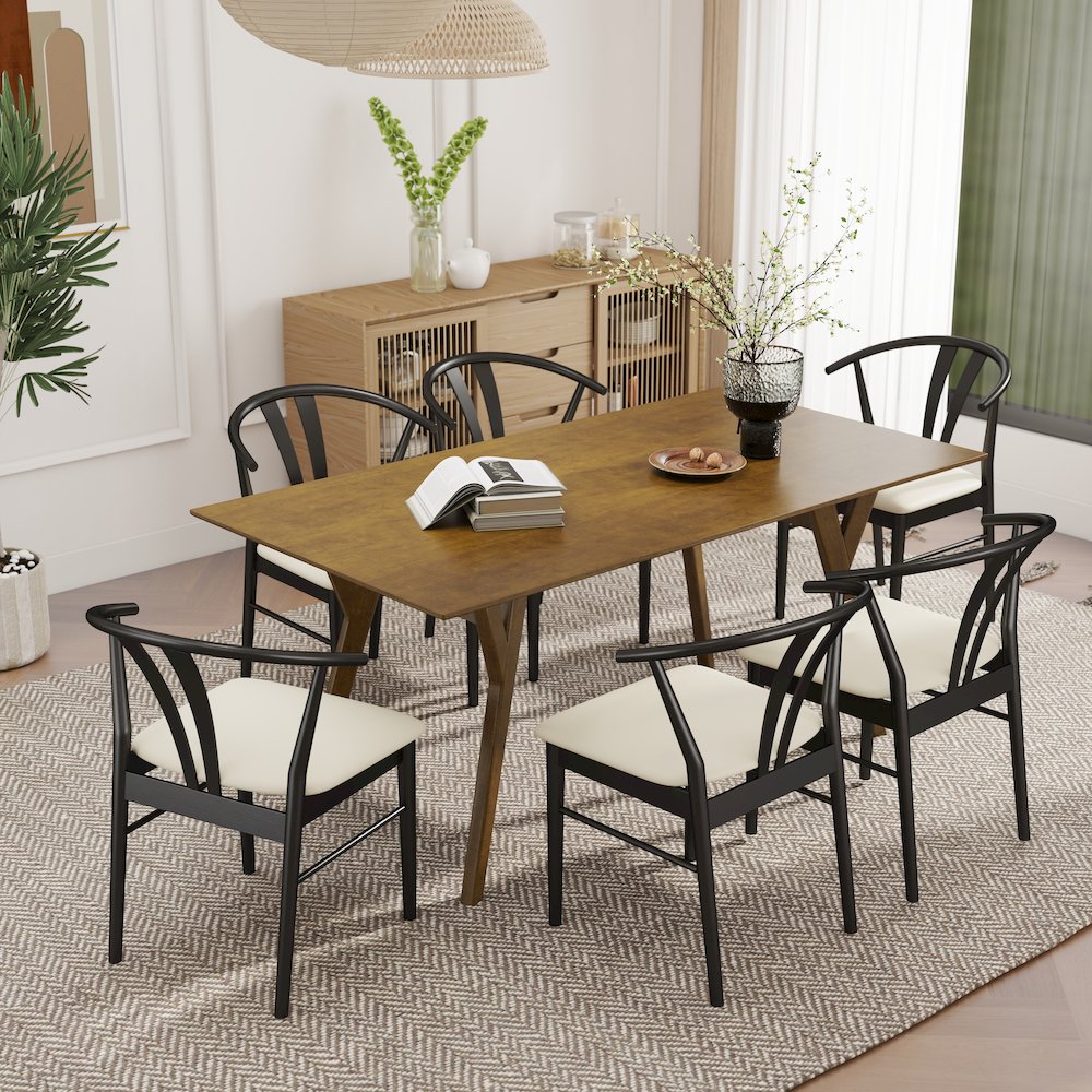 7-Piece Dining Set, Walnut Finished Dining Table with 6 Black Wishbone Chairs. Picture 2