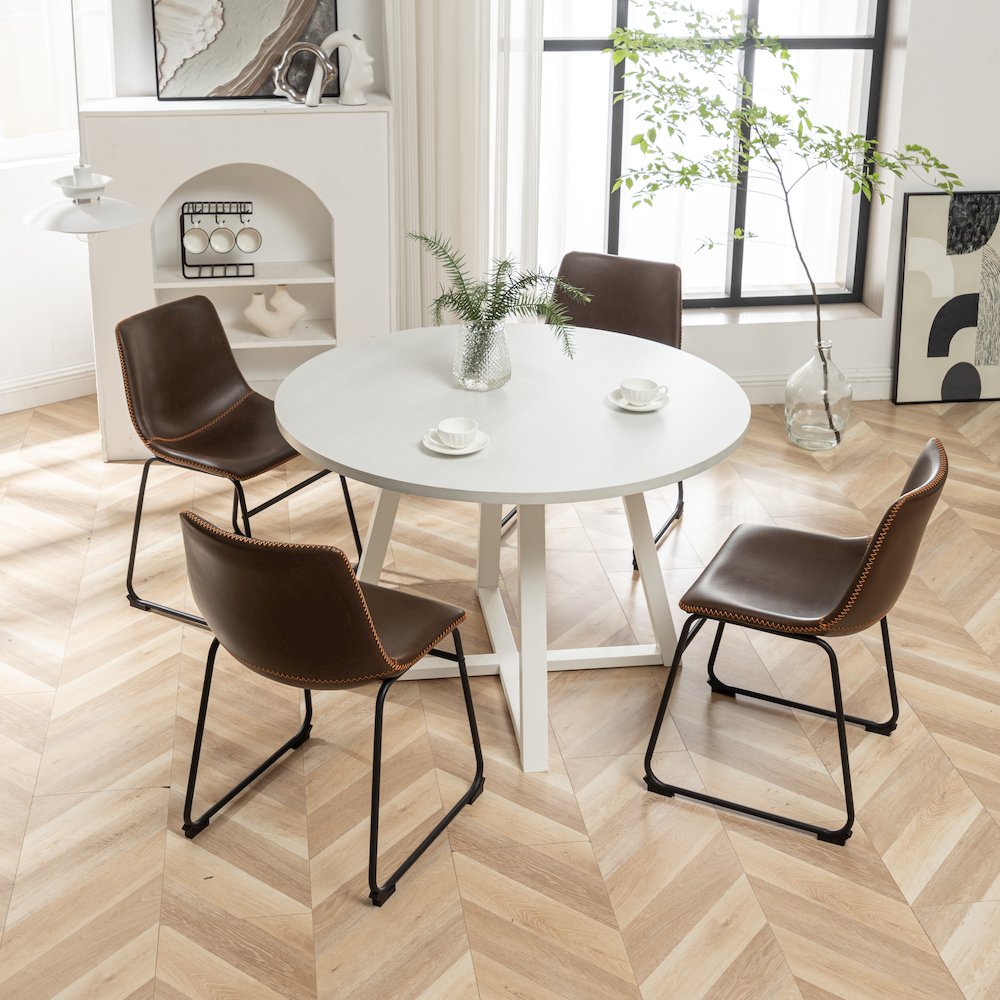 Varna 5-Pc Round Dining Set, Trestle Dining Table with 4 Chairs, Antique Brown. Picture 7
