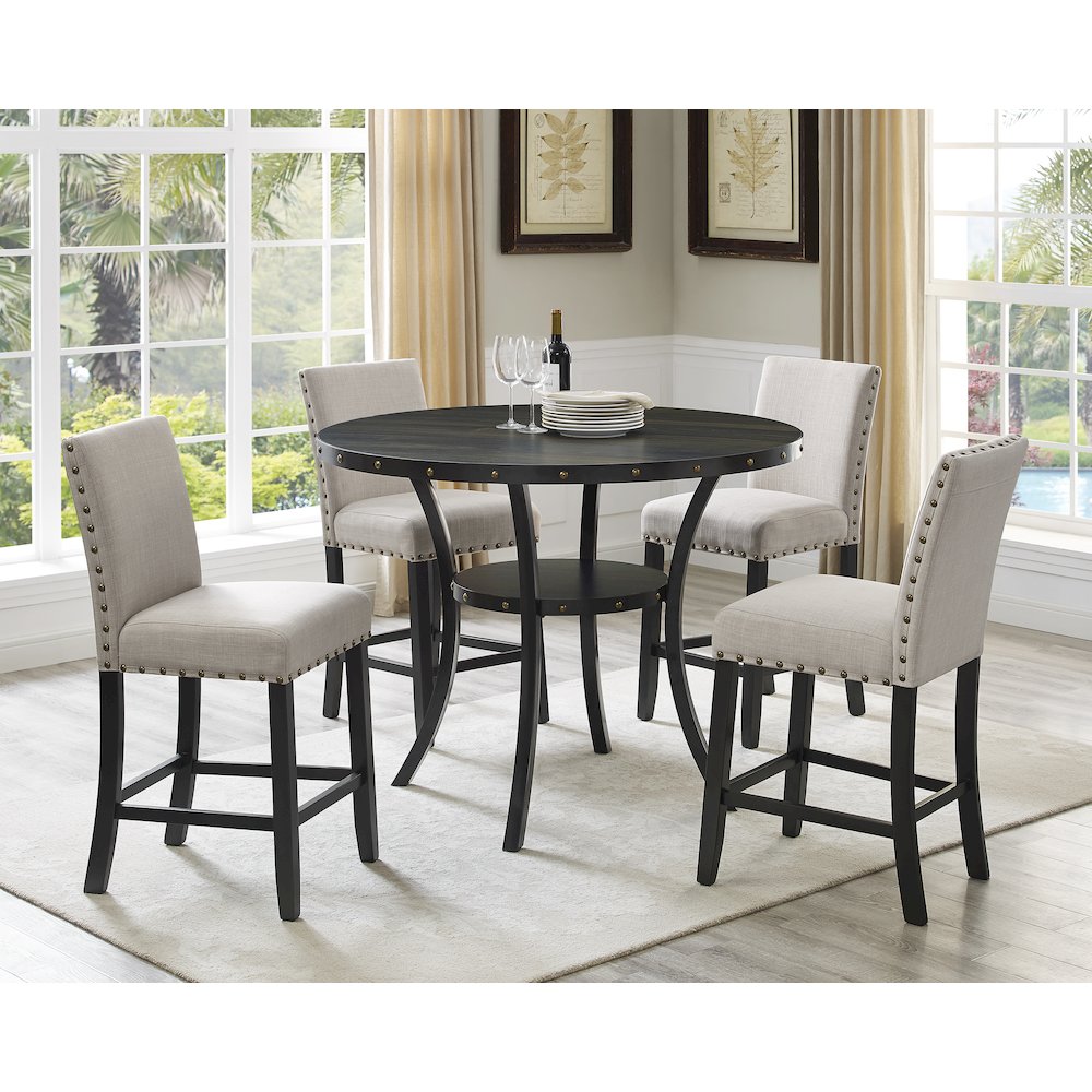 Biony Espresso Wood Counter Height Dining Set with Tan Fabric Nailhead Stools. Picture 2