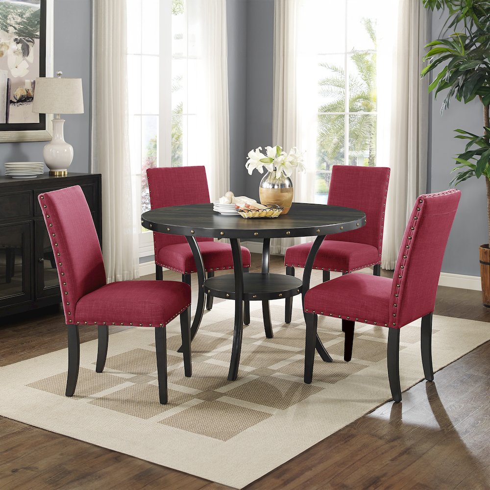 Biony Espresso Wood Dining Set with 4 Fabric Nailhead Chairs, Red. Picture 2