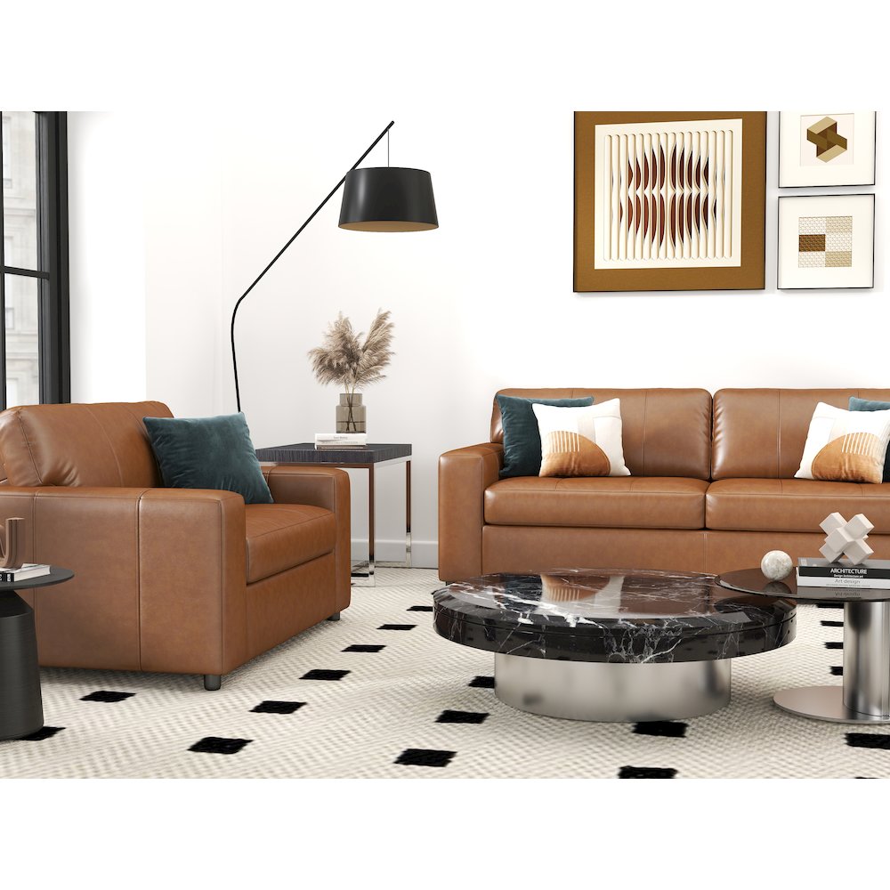 Sakan Leather 3-Pc Living Room Set, Sofa Loveseat and Chair, Caramel. Picture 6