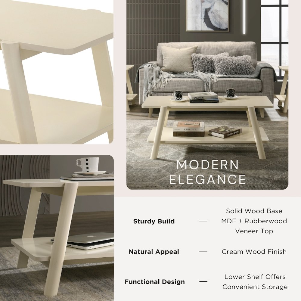 Metz Mid-Century Modern Wood Shelf Coffee Table, Off-White Finish. Picture 3