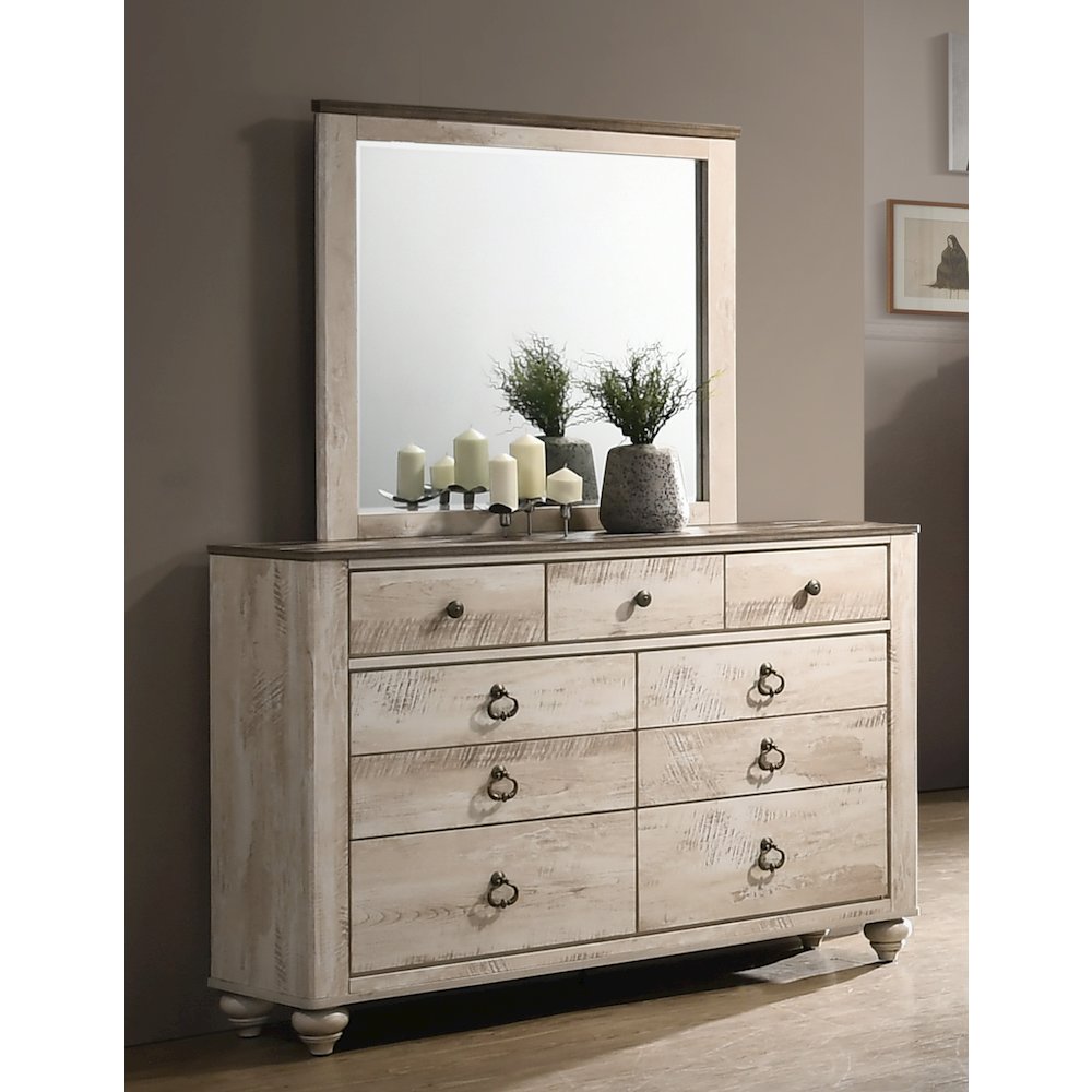 White Wash Finish 4-Piece Bedroom Set-Queen Bed, Dresser, Mirror, Nightstand. Picture 6