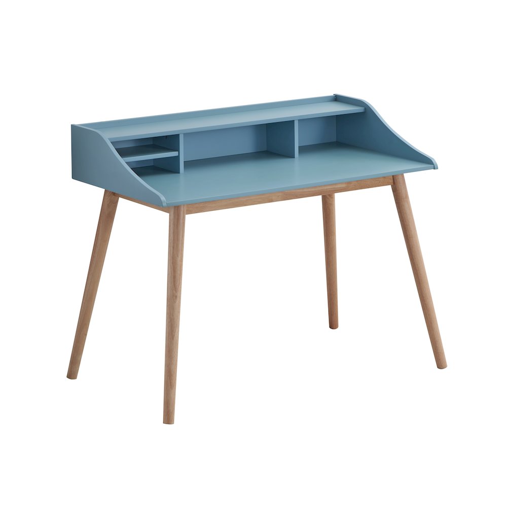 Roskilde Mid-Century Modern Wood Writing Desk with Hutch, Blue. Picture 1