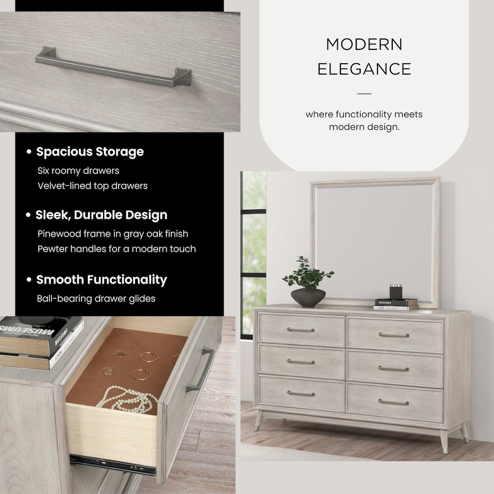 Seluna 6-Drawer Bedroom Dresser with Mirror, Gray Oak Finish. Picture 6