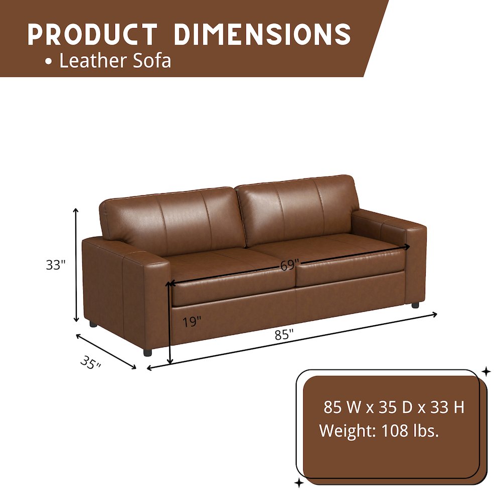 Sakan Leather Upholstered Sofa, Caramel. Picture 14