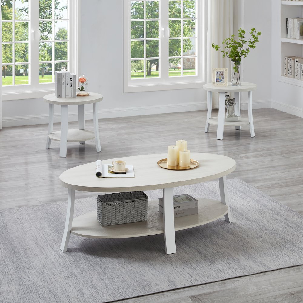 Anze Contemporary Oval Wood Shelf 3-Pc Coffee Table Set in White Finish. Picture 2