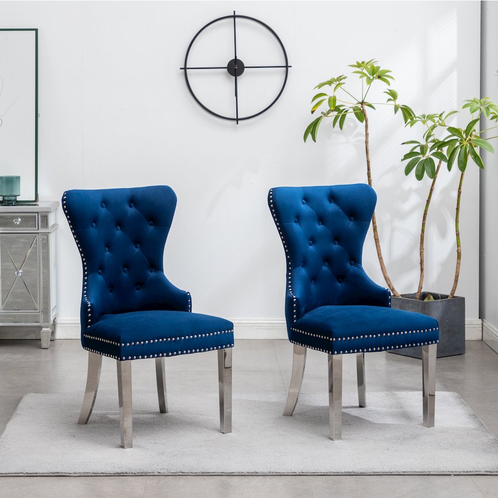 Montura Contemporary Tufted Velvet Chair with Nailhead Trim, Set of 2, Blue. Picture 2