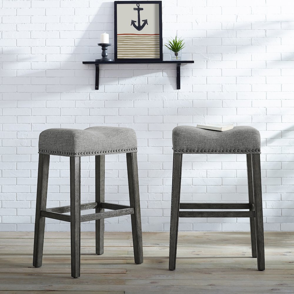 CoCo Upholstered Backless Saddle Seat Bar Stools 29" height Set of 2, Gray. Picture 2