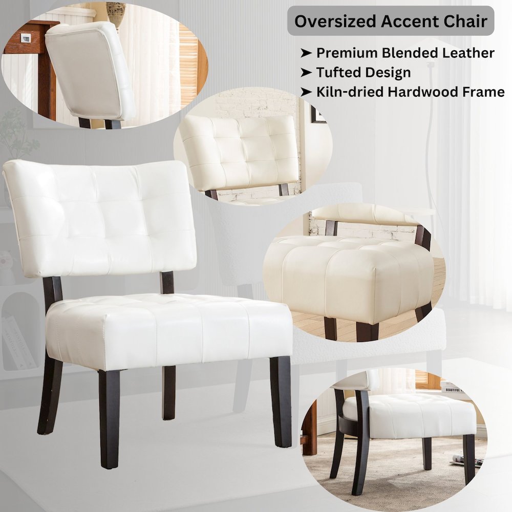 Movile Blended Leather Tufted Accent Chair with Oversized Seating, Ivory. Picture 3