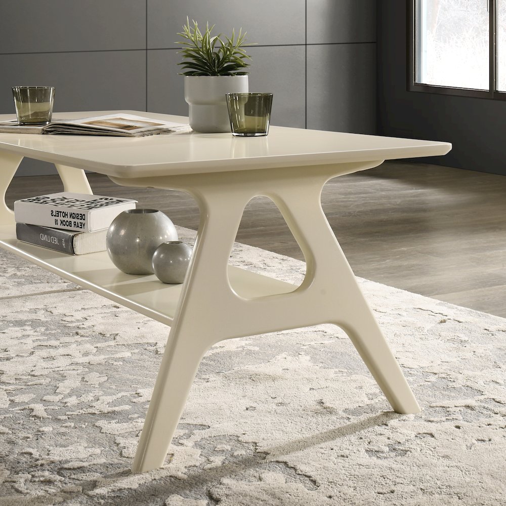 Arona Mid-Century Modern Wood Shelf Coffee Table, Off-White Finish. Picture 5