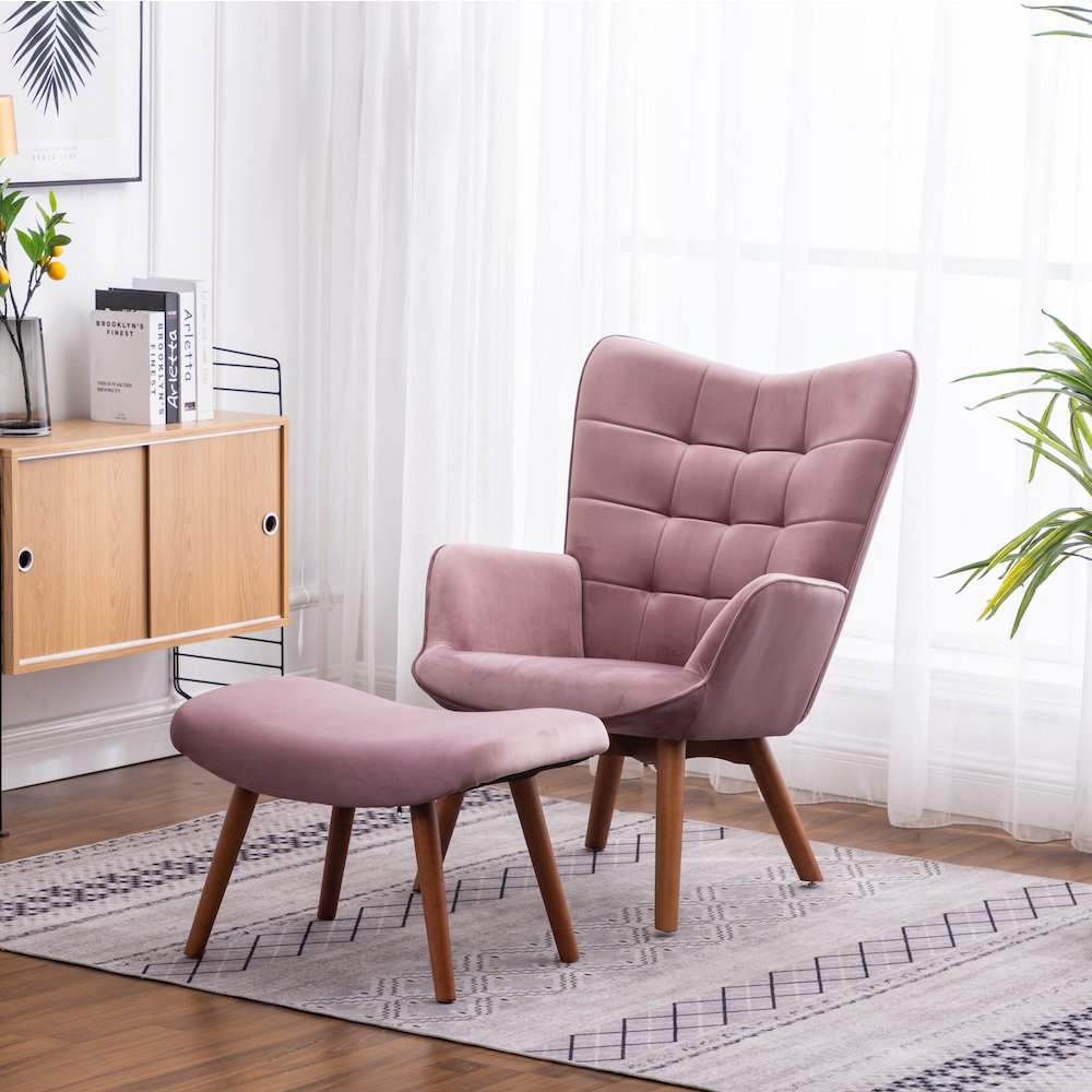 Leiria Contemporary Silky Velvet Tufted Accent Chair with Ottoman, Mauve. Picture 2