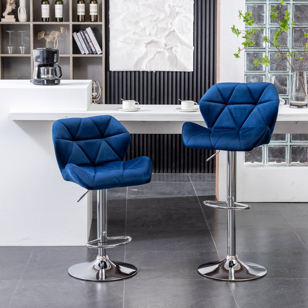 Breni Velvet Diamond Tufted Swivel Adjustable Height Barstool, Set of 2, Blue. Picture 3