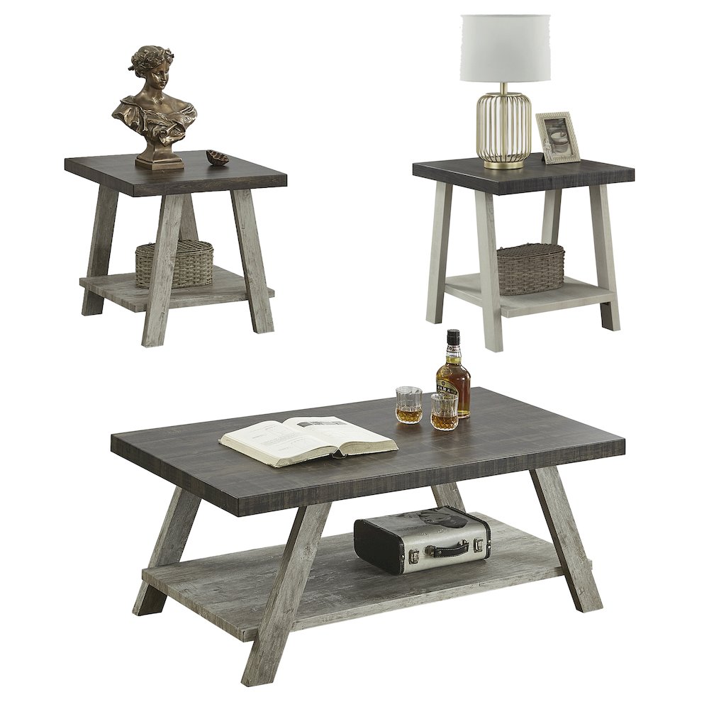 Athens Contemporary 3Pc Wood Shelf Coffee Table Set in Weathered Walnut and Gray. Picture 1