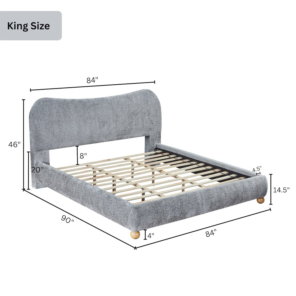 Lunara Gray Upholstered Platform Bed with Bun Feet, King. Picture 7