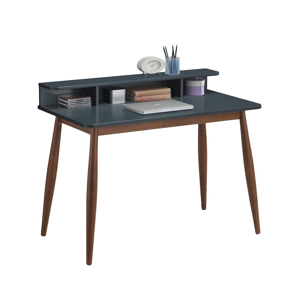 Roskilde Mid-Century Modern Wood Writing Desk with Hutch, Blue. Picture 5