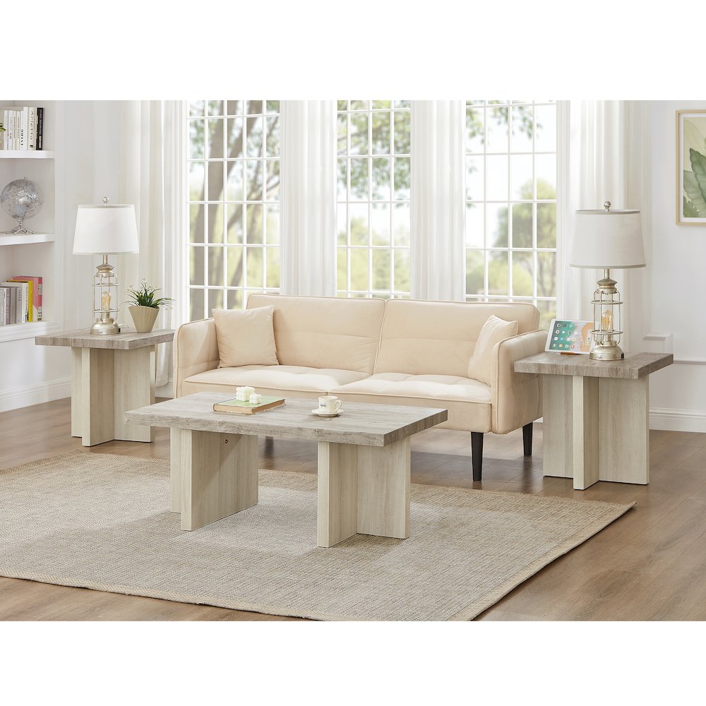 3-Piece Coffee Table Set, Coffee Table, Two End Tables, Weathered Gray and Beige. Picture 2