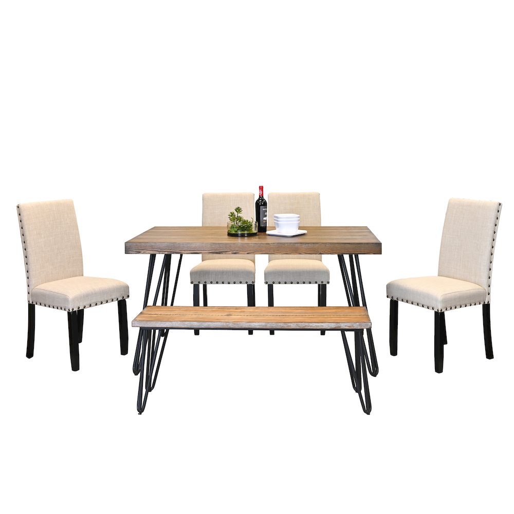 Amisos 6-Pc Dining Set, Hairpin Dining Table with 4 Chairs and Wood Bench, Tan. Picture 1