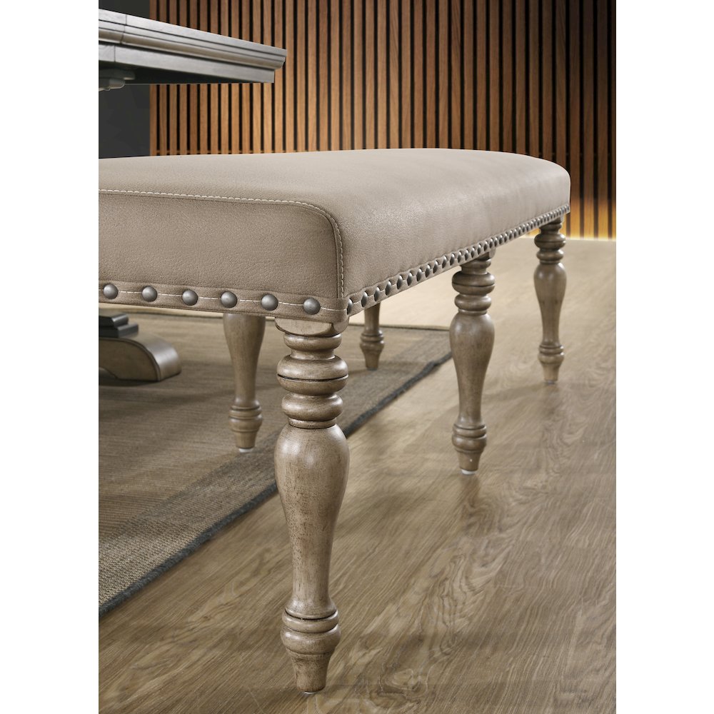Birmingham Microfiber Upholstered Bench with Nail Head Trim in Driftwood Finish. Picture 3