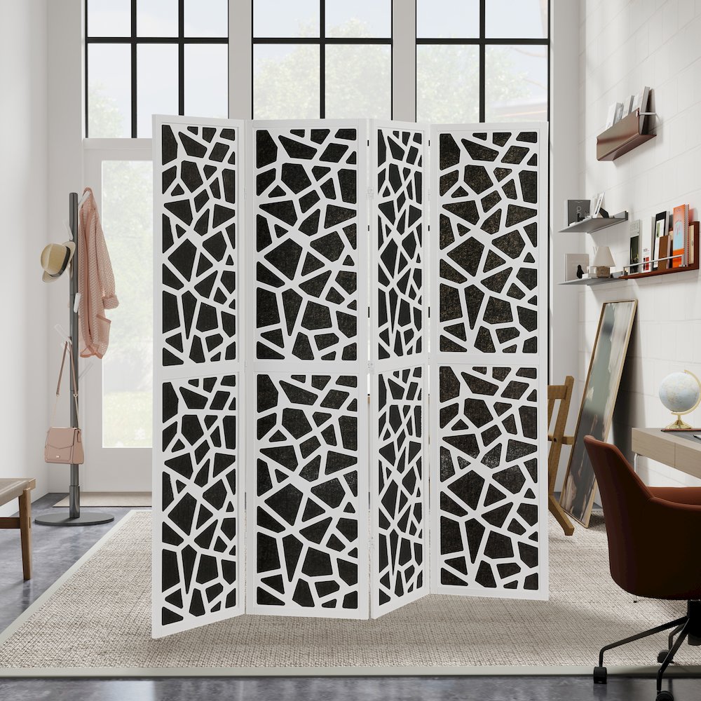 4-Panel Wood Room Divider, Folding Portable Partition Screen, Black and White. Picture 4