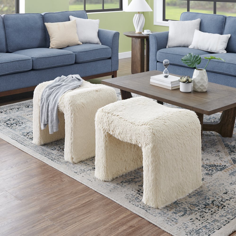 Zorya Contemporary Faux Fur U-Shaped Ottoman, Set of 2. Picture 6