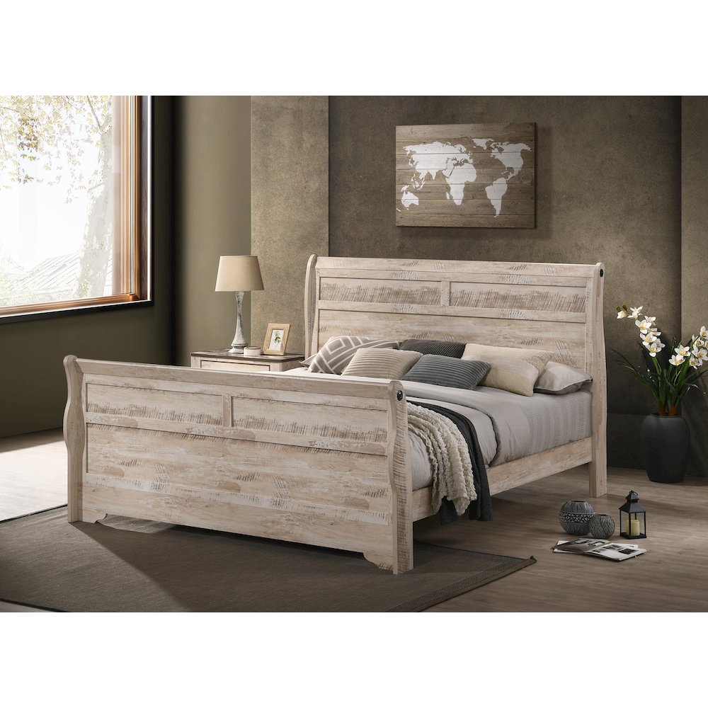 White Wash Finish Bedroom Set with Queen Bed, Dresser, Mirror, Two Nightstands. Picture 4