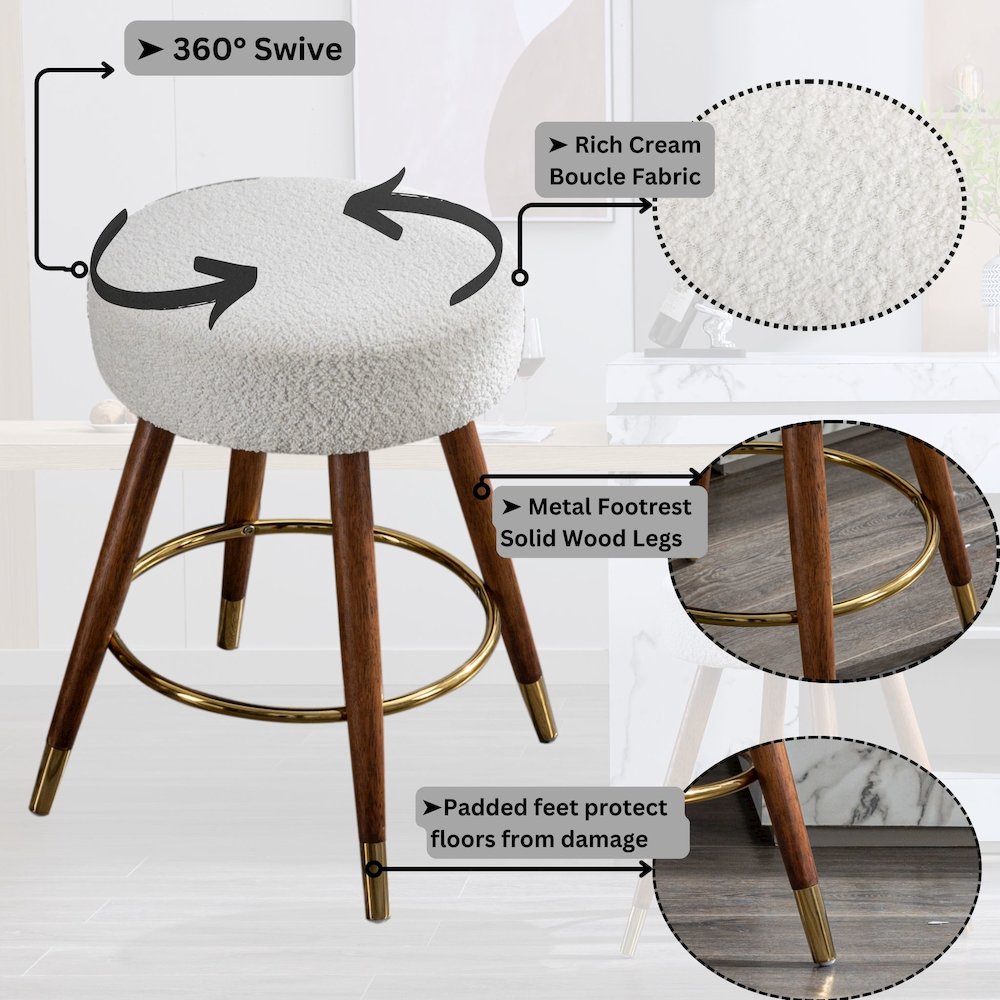 MoMo Boucle Upholstered Counter Height Stool, 360° Swivel, White. Picture 3